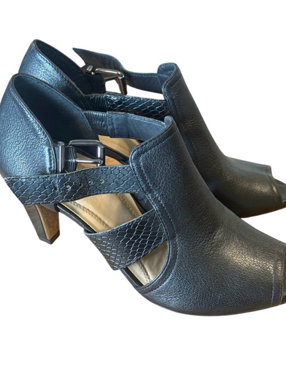 Nurture Black Leather Peep Toe Heels Womens Size 7 Caged Cutout Buckle Comfort
